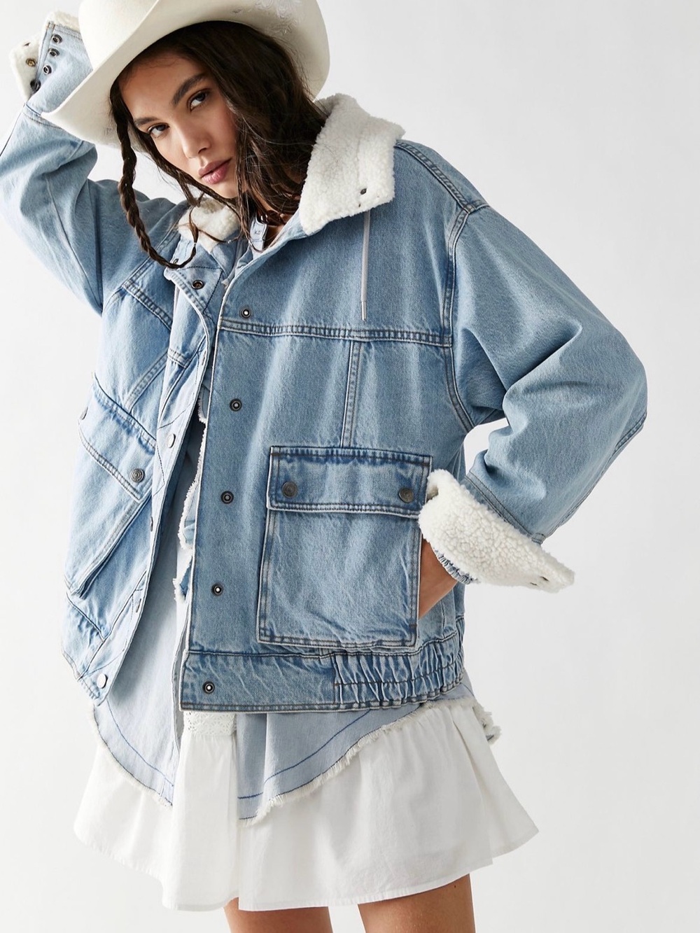 Free People Ariel Denim Sherpa Bomber Jacket